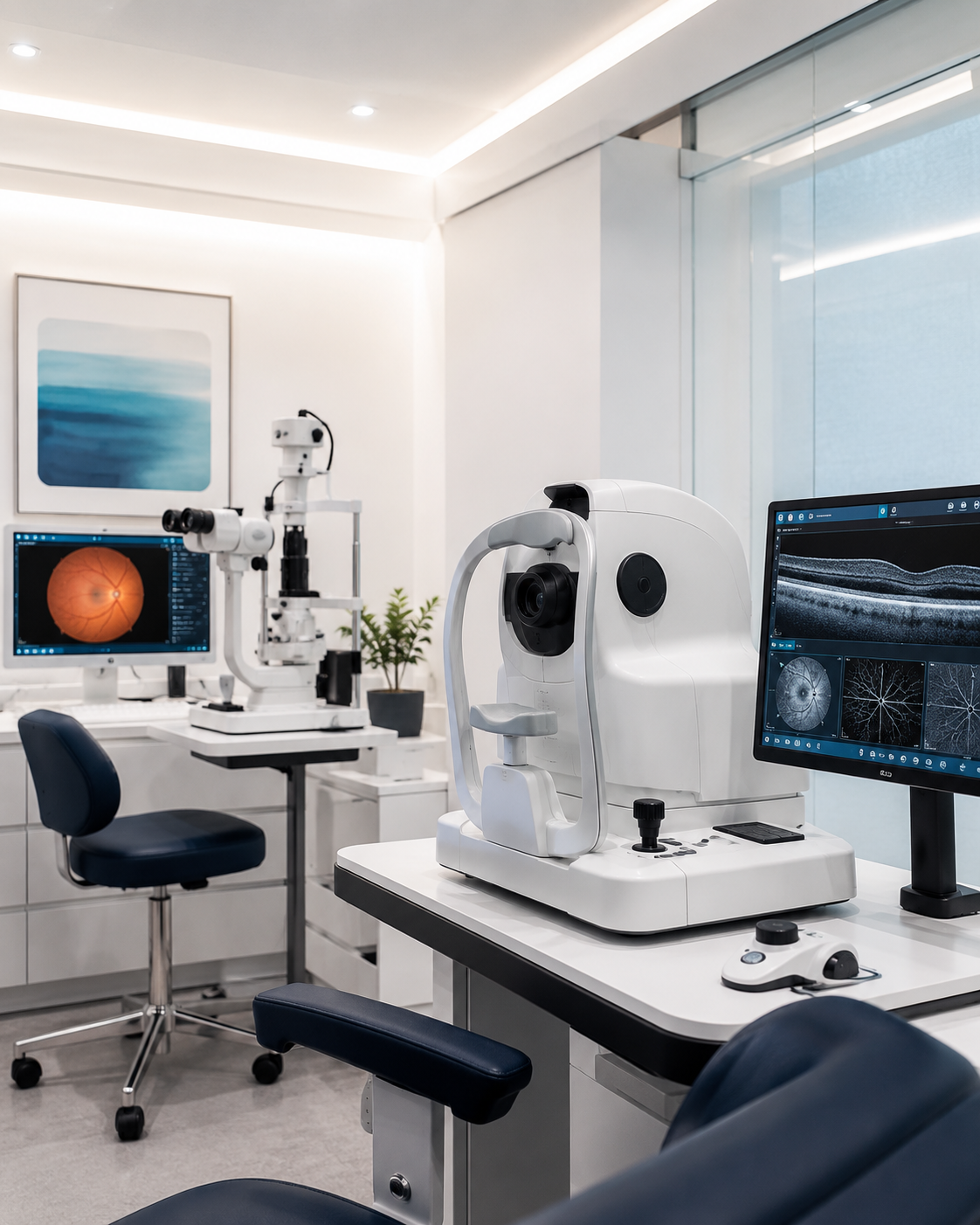 Sala de examen oftalmológico con equipos de diagnóstico de retina